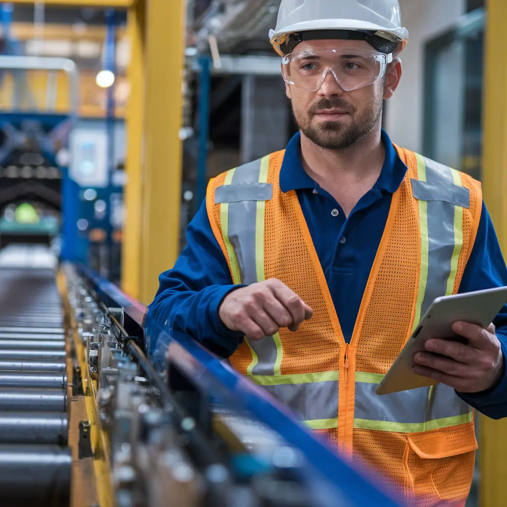 Engineer loopt rond met een tablet bij een maakbedrijf